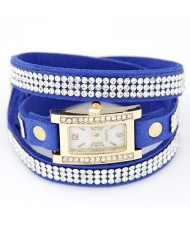 Rhinestone Attached Multiple Layer Leather Bracelet Style Rectangular Wrist Watch - Blue