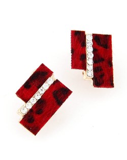 Hairy Dual Stripes Rhinestone Inlaid Earrings - Red Leopard