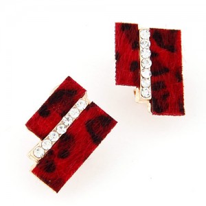 Hairy Dual Stripes Rhinestone Inlaid Earrings - Red Leopard