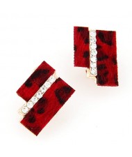 Hairy Dual Stripes Rhinestone Inlaid Earrings - Red Leopard