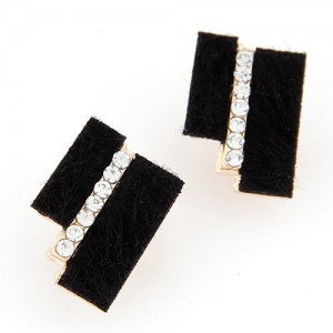 Hairy Dual Stripes Rhinestone Inlaid Earrings - Black