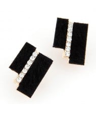 Hairy Dual Stripes Rhinestone Inlaid Earrings - Black