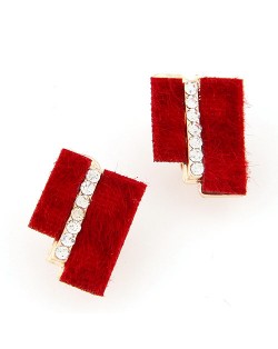 Hairy Dual Stripes Rhinestone Inlaid Earrings - Red