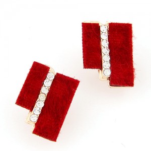 Hairy Dual Stripes Rhinestone Inlaid Earrings - Red