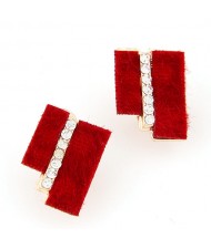 Hairy Dual Stripes Rhinestone Inlaid Earrings - Red