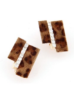 Hairy Dual Stripes Rhinestone Inlaid Earrings - Brown Leopard