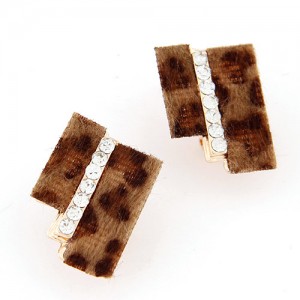 Hairy Dual Stripes Rhinestone Inlaid Earrings - Brown Leopard