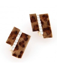 Hairy Dual Stripes Rhinestone Inlaid Earrings - Brown Leopard