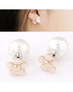 Tiny Seashell Flower with Pearl Ear Studs - White