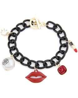 Pearl Rose and Red Lips Pendants Black Thick Chain Fashion Bracelet