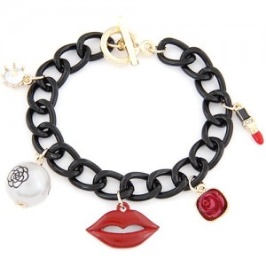 Pearl Rose and Red Lips Pendants Black Thick Chain Fashion Bracelet