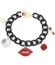 Pearl Rose and Red Lips Pendants Black Thick Chain Fashion Bracelet
