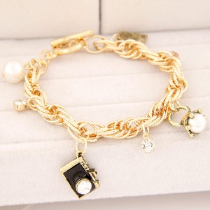 Camera Pendant Pearls Inlaid Twist Chain Fashion Bracelet