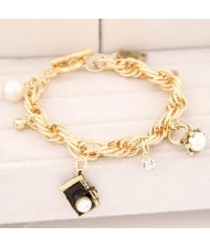 Camera Pendant Pearls Inlaid Twist Chain Fashion Bracelet