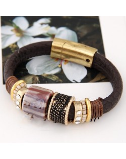 Rhinestone Inlaid Metallic Rotating Beads Magnetic Lock Design Leather Bracelet - Brown