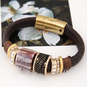 Rhinestone Inlaid Metallic Rotating Beads Magnetic Lock Design Leather Bracelet - Brown