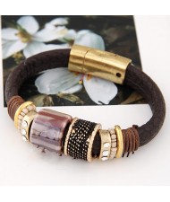 Rhinestone Inlaid Metallic Rotating Beads Magnetic Lock Design Leather Bracelet - Brown