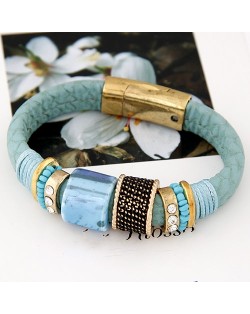 Rhinestone Inlaid Metallic Rotating Beads Magnetic Lock Design Leather Bracelet - Blue