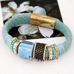 Rhinestone Inlaid Metallic Rotating Beads Magnetic Lock Design Leather Bracelet - Blue