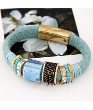 Rhinestone Inlaid Metallic Rotating Beads Magnetic Lock Design Leather Bracelet - Blue