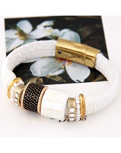 Rhinestone Inlaid Metallic Rotating Beads Magnetic Lock Design Leather Bracelet - White