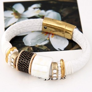 Rhinestone Inlaid Metallic Rotating Beads Magnetic Lock Design Leather Bracelet - White