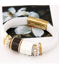 Rhinestone Inlaid Metallic Rotating Beads Magnetic Lock Design Leather Bracelet - White