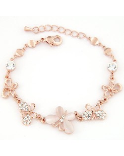 Korean Fashion Opal and Rhinestone Embedded Butterflies Golden Bracelet