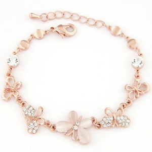 Korean Fashion Opal and Rhinestone Embedded Butterflies Golden Bracelet