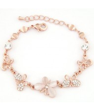 Korean Fashion Opal and Rhinestone Embedded Butterflies Golden Bracelet