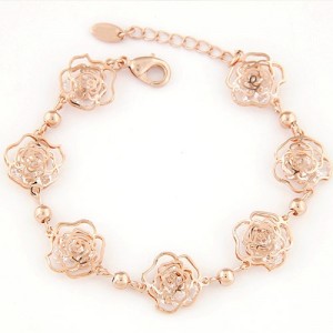 Korean Fashion Cubic Zirconia Inlaid Hollow Roses Golden Bracelet