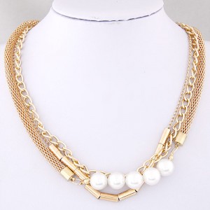 Triple Layers Various Chain with Pearls Decoration Fashion Necklace