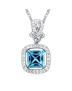 Square Crystal Gem Inlaid Love Theme Necklace - Aquamarine