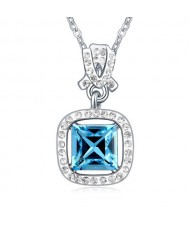 Square Crystal Gem Inlaid Love Theme Necklace - Aquamarine