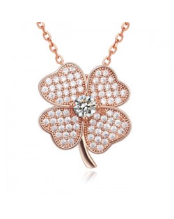 Cubic Zirconia Inlaid Four-leaf Clover Necklace - Rose Gold