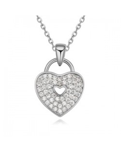 Cubic Zirconia Inlaid Heart Lock Pendant Necklace - Platinum