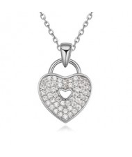 Cubic Zirconia Inlaid Heart Lock Pendant Necklace - Platinum