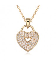 Cubic Zirconia Inlaid Heart Lock Pendant Necklace - Champagne Gold