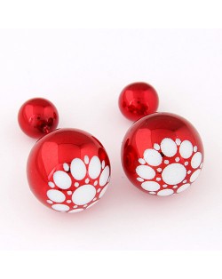 White Flower Pattern Prints Big and Small Balls Fashion Earrings - Red