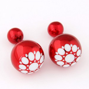 White Flower Pattern Prints Big and Small Balls Fashion Earrings - Red