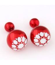 White Flower Pattern Prints Big and Small Balls Fashion Earrings - Red