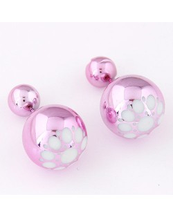 White Flower Pattern Prints Big and Small Balls Fashion Earrings - Pink