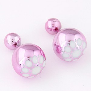 White Flower Pattern Prints Big and Small Balls Fashion Earrings - Pink
