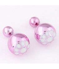 White Flower Pattern Prints Big and Small Balls Fashion Earrings - Pink