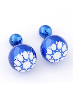 White Flower Pattern Prints Big and Small Balls Fashion Earrings - Blue