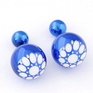 White Flower Pattern Prints Big and Small Balls Fashion Earrings - Blue