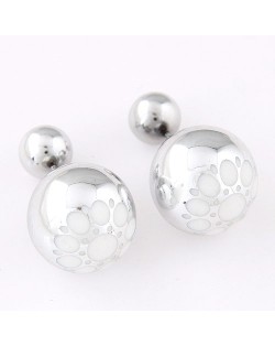 White Flower Pattern Prints Big and Small Balls Fashion Earrings - Silver