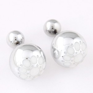 White Flower Pattern Prints Big and Small Balls Fashion Earrings - Silver