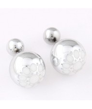 White Flower Pattern Prints Big and Small Balls Fashion Earrings - Silver