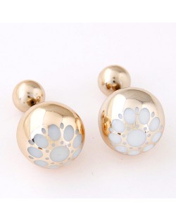 White Flower Pattern Prints Big and Small Balls Fashion Earrings - Golden